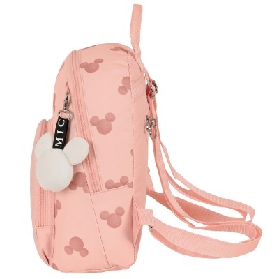 Mochila cor-de-rosa com padrão de Mickey Mouse e pendente branco