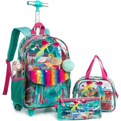 Conjunto escolar com mochila de rodas, mala e estojo com design de sereias e cores vibrantes.