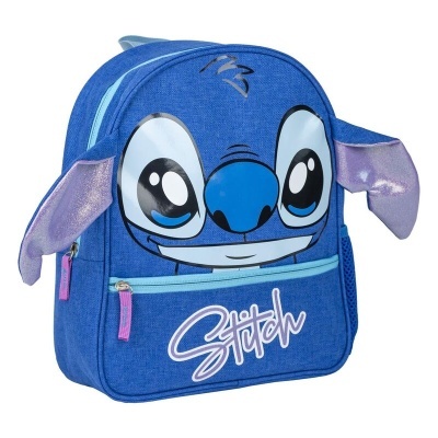 Mochila azul com rosto do Stitch e orelhas destacadas.