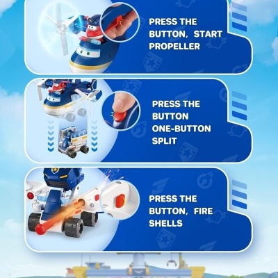 Instruções de brinquedo de helicóptero com três ações e fundo de céu azul