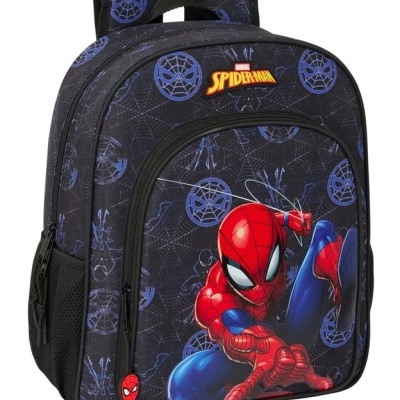 Mochila escolar Homem-Aranha com padrão de teias e cores azul, vermelho e preto