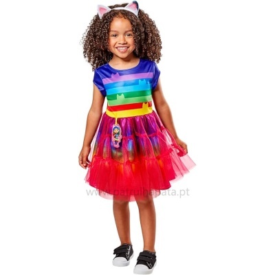 Vestido infantil colorido com saia de tule vermelho e faixa de cabelo com orelhas de gato