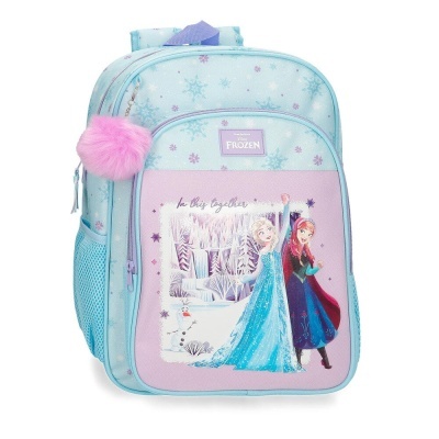 Mochila infantil Disney Frozen com padrão azul de flocos de neve e imagem das personagens