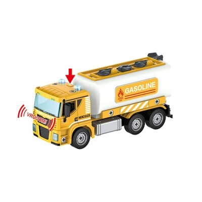Camião de brinquedo amarelo com tanque branco e etiqueta GASOLINE
