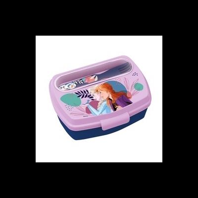 Marmita de plástico lilás e azul com personagem feminina e talheres no topo