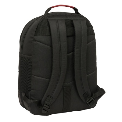 Mochila preta vista das costas com alças almofadadas e pega vermelha.