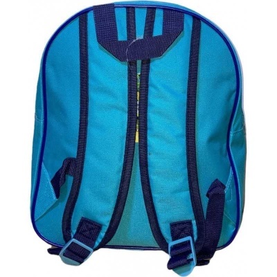 Mochila azul clara com alças azuis escuras vista de trás