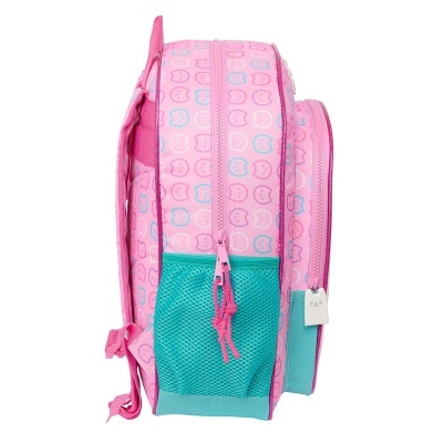 Mochila rosa com padrão de maçãs e bolso lateral em rede azul