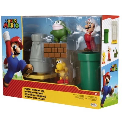 Conjunto jogo Super Mario Desert Diorama Set com figuras coloridas e caixa azul e amarela