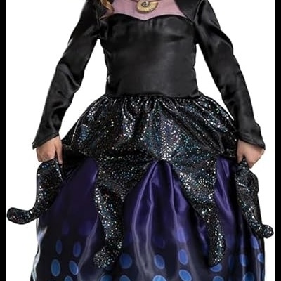 Criança de vestido com parte superior preta e saia azul com bolinhas e detalhes brilhantes