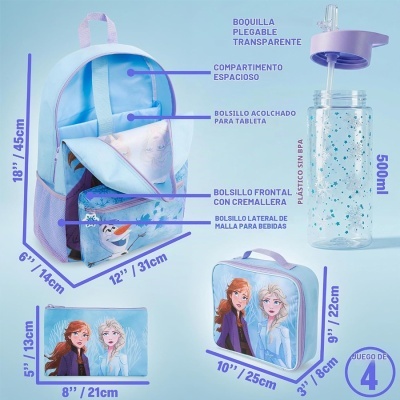 Conjunto de mochila, lancheira, estojo e garrafa Frozen azul claro com flocos de neve