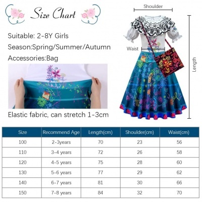 Gráfico de tamanhos e vestido infantil azul com padrão floral e bolsa vermelha com padrão floral