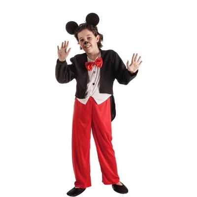 Fato de rato para criança com cintura preta, calças vermelhas e orelhas redondas pretas.