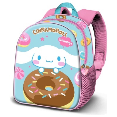 Mochila infantil azul e rosa com personagem Cinnamoroll e donut