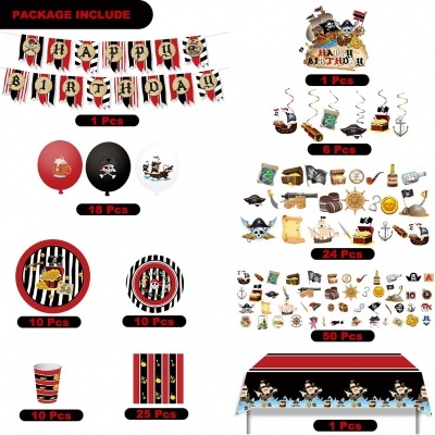 Conjunto de decoração para festa pirata com faixa, balões, pratos, copos, guardanapos e toalha de mesa.