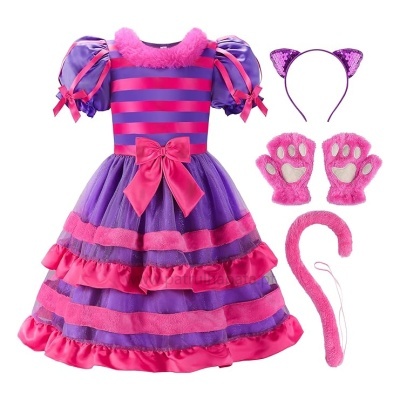 Vestido infantil cor-de-rosa e roxo com acessórios de gato cor-de-rosa e roxo