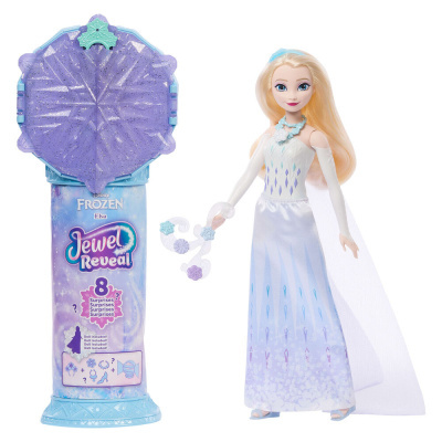 Boneca Elsa da Disney Frozen com vestido branco e azul ao lado de suporte azul com tampa roxa brilhante e embalagem