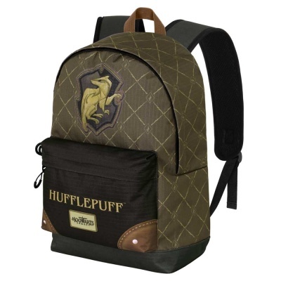 Mochila Hufflepuff com bolso frontal preto e emblema bordado de texugo