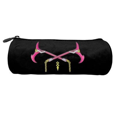 Estojo escolar preto com machados rosa e símbolo amarelo