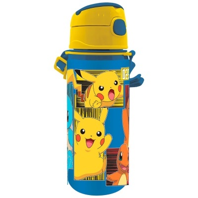 Garrafa azul e amarela com personagens Pokémon Pikachu e Charmander