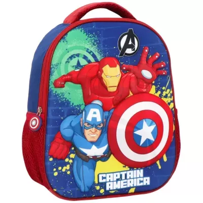 mochila infantil azul e vermelha com personagens Iron Man e Captain America e texto CAPTAIN AMERICA