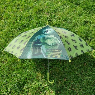 Guarda-chuva verde com desenho de dinossauros e texto de aviso