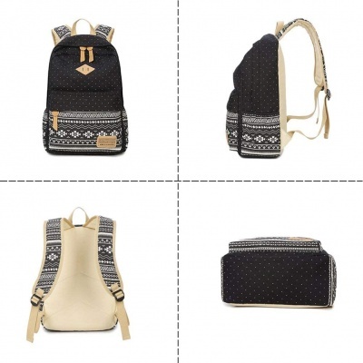 Mochila preta com padrão tribal branco e alças acolchoadas vista de vários ângulos