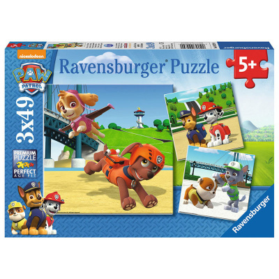 Caixa de quebra-cabeças Ravensburger Paw Patrol 5+ com imagens de personagens de desenho animado.