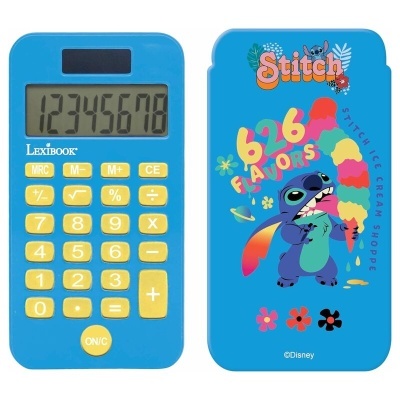 Calculadora azul com estojo ilustrado do Stitch e texto colorido
