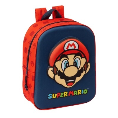 Mochila infantil Super Mario azul escura com rosto do personagem em relevo e texto colorido Super Mario