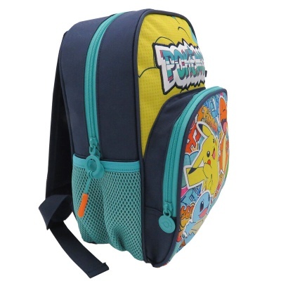 Mochila infantil azul e amarela com personagens Pokémon e fechos de correr azuis
