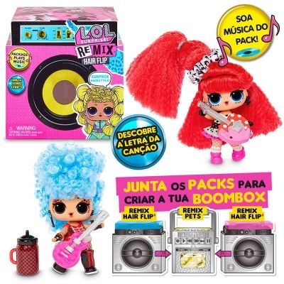 Brinquedos LOL Surprise Remix Hair Flip com duas bonecas coloridas e acessórios, embalagens cor-de-rosa