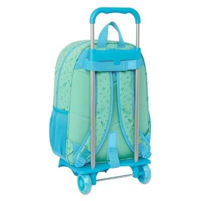 Mochila verde com padrão azul claro e carrinho retrátil azul
