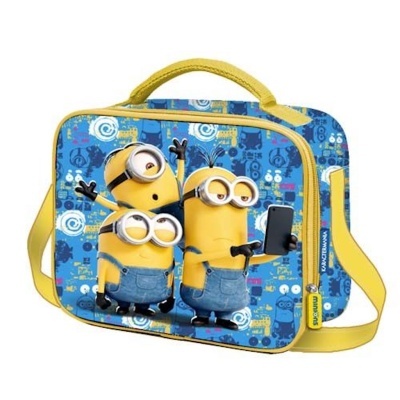 mala azul com minions e detalhes amarelos
