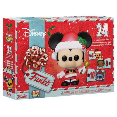 Caixa vermelha do calendário do advento Disney Funko Pocket Pop! com figura de Mickey Mouse vestido de Pai Natal.