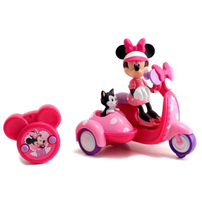 Brinquedo mota cor-de-rosa com personagem Minnie e controlo remoto vermelho forma cabeça Minnie