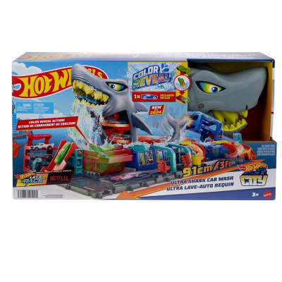 Caixa do brinquedo Hot Wheels Ultra Shark Car Wash com imagem de tubarão cinzento e lavadora de carros colorida