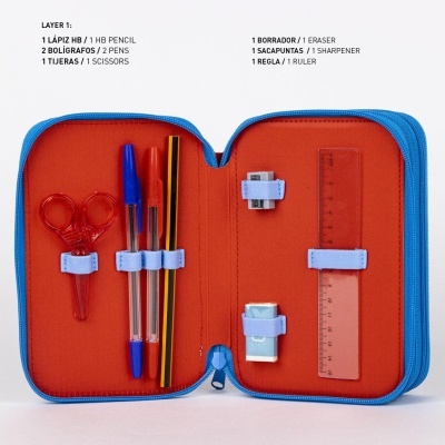 Estojo escolar aberto azul e laranja com material de escrita e corte organizado