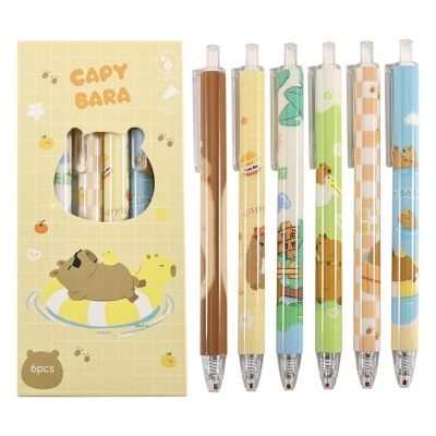 Conjunto de 6 canetas coloridas com design de personagem CAPY BARA em embalagem amarela