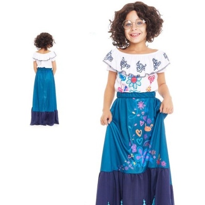 Vestido comprido colorido para menina com bordados florais e corações.