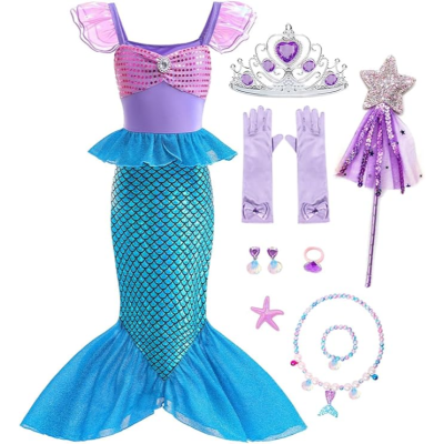 Fantasia de sereia azul e lilás com acessórios brilhantes e varinha mágica