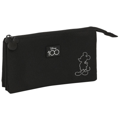 Estojo escolar preto Disney 100 com desenho do Mickey e fecho com puxador em forma da cabeça do Mickey