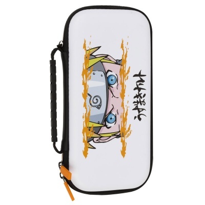 Estojo branco com personagem Naruto e texto em japonês