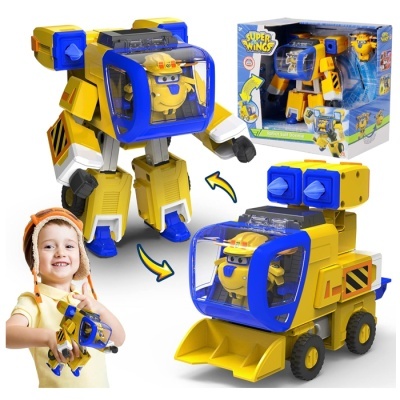 Brinquedo transformável Super Wings Robot Suit Donnie amarelo e azul com criança a brincar
