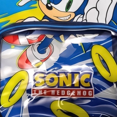 Mochila azul do Sonic com fita transparente e anéis amarelos