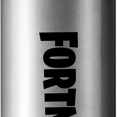 Garrafa metálica prateada com tampa preta e texto FORTNITE