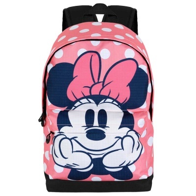 Mochila rosa com bolinhas brancas e estampa da Minnie Mouse