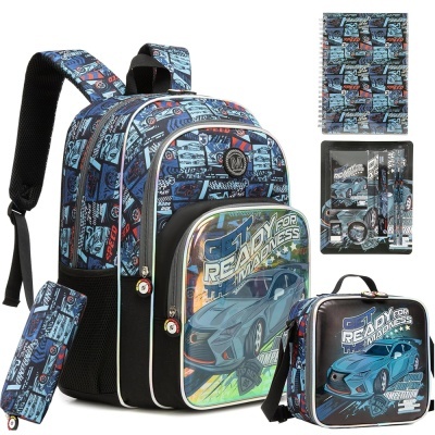 Conjunto escolar com mochila, lancheira, estojo e caderno com tema de carros azuis e texto em inglês.