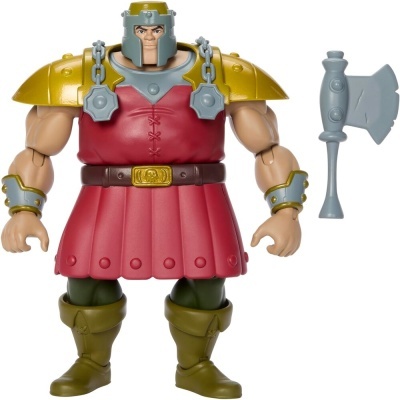Figura de ação com armadura dourada e colete vermelho segurando machado cinza