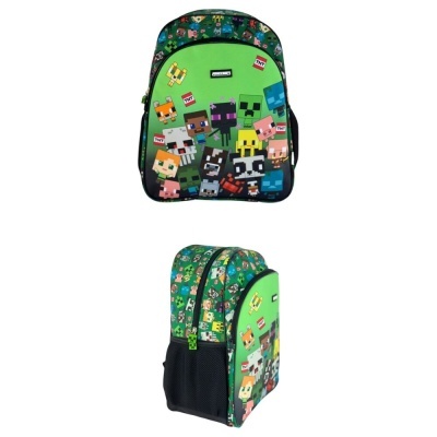 Mochila verde com personagens pixelizados e detalhes em preto